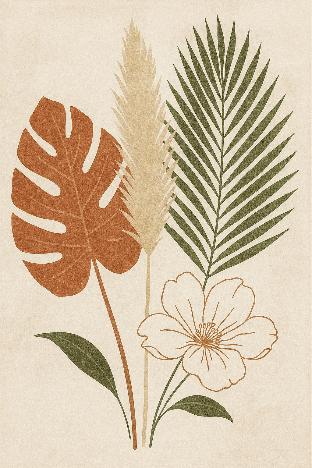 BASIS PREMIUM - Boho Botanical Wall Art – Tropical Leaves, Pampas Grass & Line Art Flower