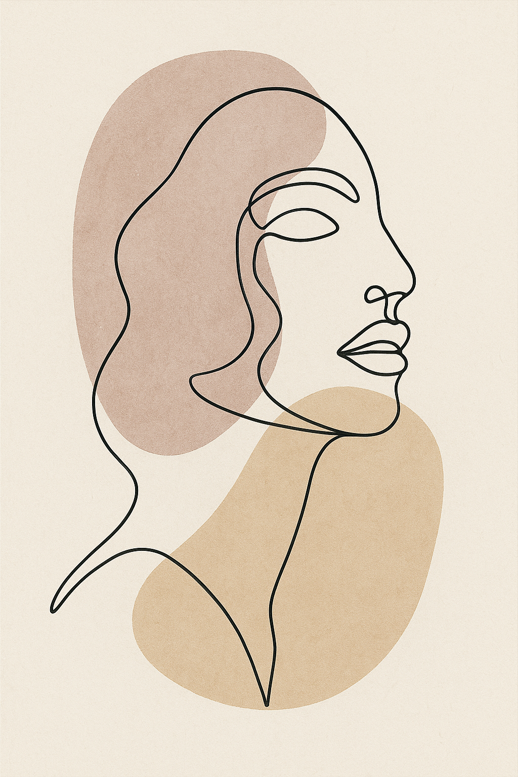 Continuous Line Portrait – Minimal Scandinavian Face Art with Pastel Beige & Dusty Pink Shapes